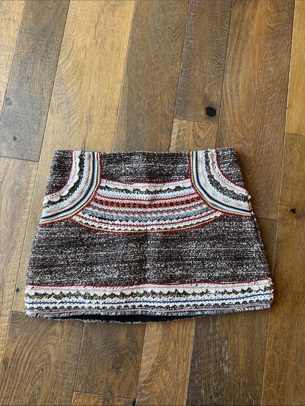 Zara Brown Mini Skirt with Multicolor Crochet Trim